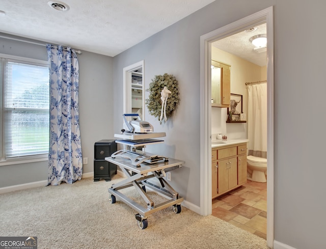 home office with a textured ceiling, sink, and light carpet