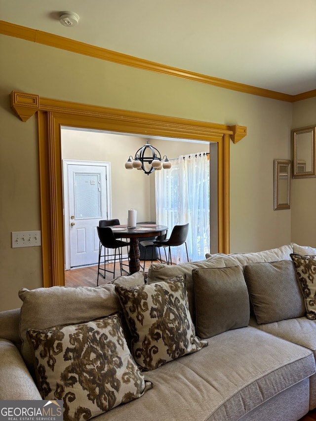 living room with crown molding