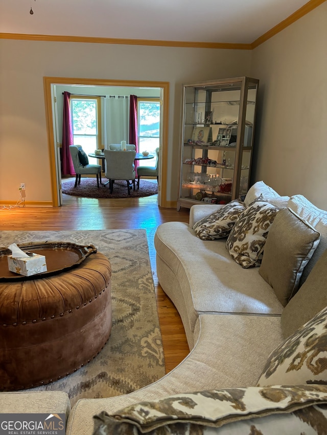 living room with crown molding and hardwood / wood-style flooring