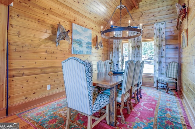 dining area featuring wooden walls, lofted ceiling, hardwood / wood-style flooring, and wooden ceiling