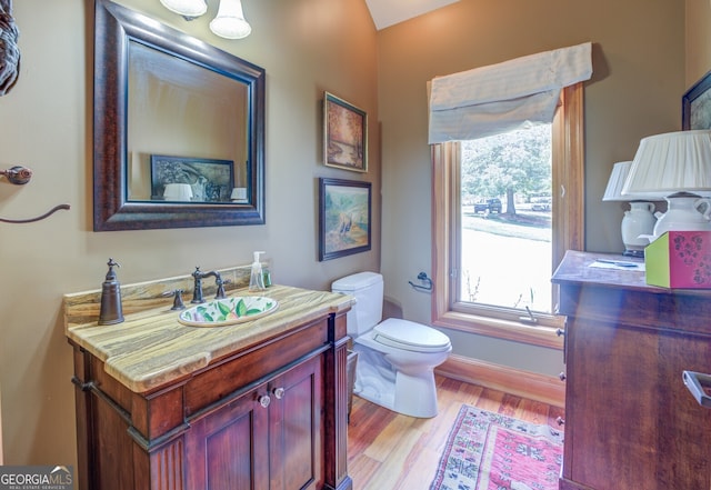 bathroom featuring vanity, hardwood / wood-style floors, and toilet