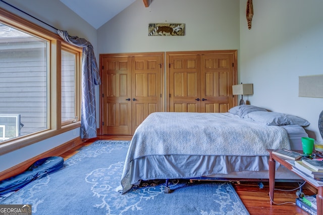 bedroom featuring lofted ceiling, wood-type flooring, and multiple closets