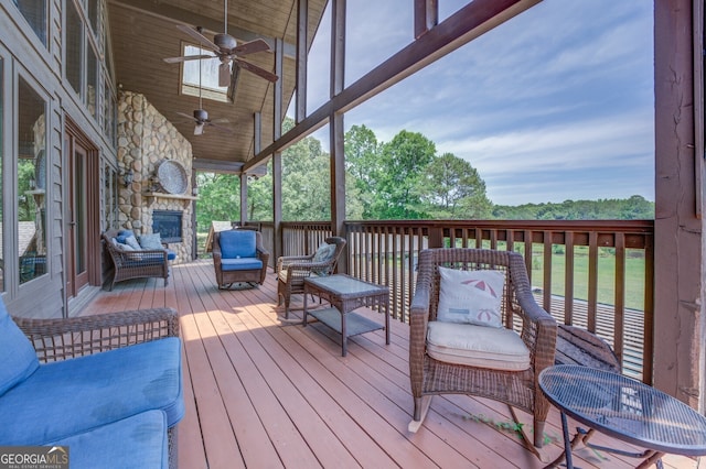 wooden deck with ceiling fan