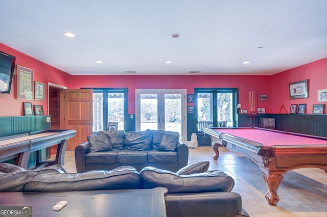 rec room featuring light tile patterned floors, billiards, and french doors