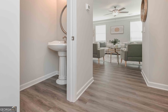 interior space featuring wood-type flooring and ceiling fan