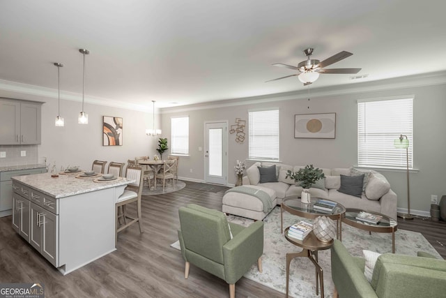 living room with ceiling fan, dark hardwood / wood-style floors, and crown molding