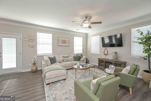 living room with ceiling fan, crown molding, and dark hardwood / wood-style flooring