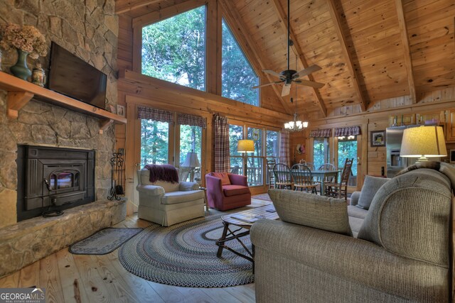 living room with high vaulted ceiling, wood-type flooring, ceiling fan, and a fireplace