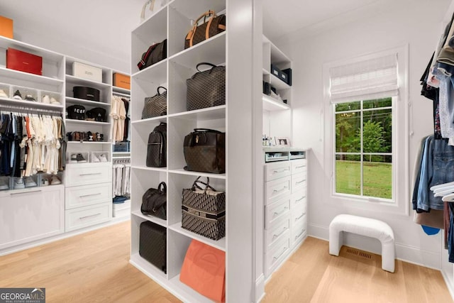 spacious closet with light hardwood / wood-style floors