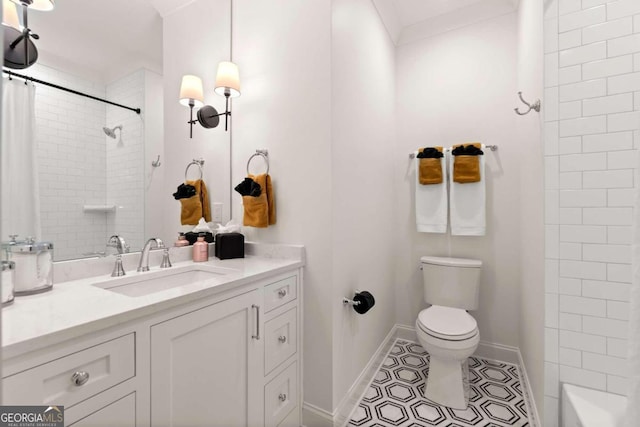 bathroom featuring vanity, tile patterned floors, toilet, and a shower with shower curtain