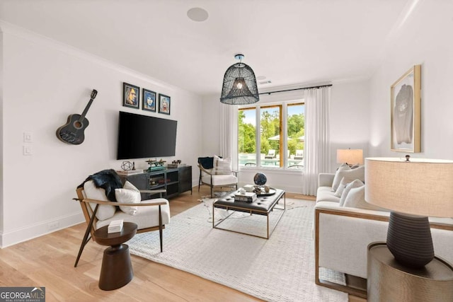 living room featuring wood-type flooring and ornamental molding