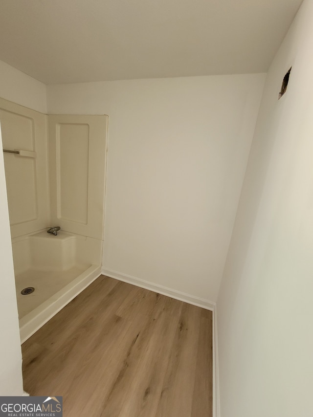 bathroom featuring walk in shower and hardwood / wood-style flooring