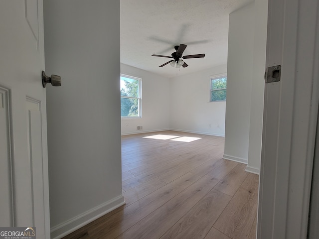 interior space with ceiling fan and light hardwood / wood-style flooring