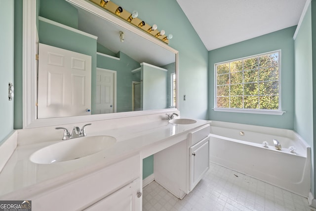 bathroom featuring lofted ceiling, plus walk in shower, and vanity