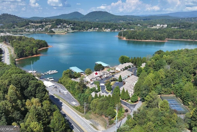 aerial view featuring a water and mountain view