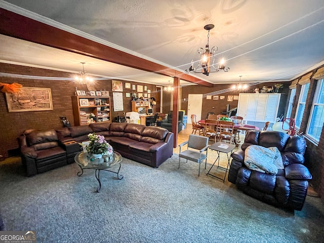 living room with crown molding, beamed ceiling, carpet, and a chandelier