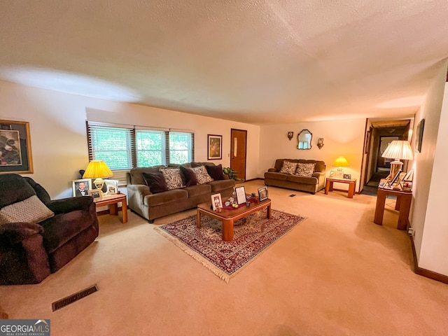 living room with a textured ceiling and light colored carpet