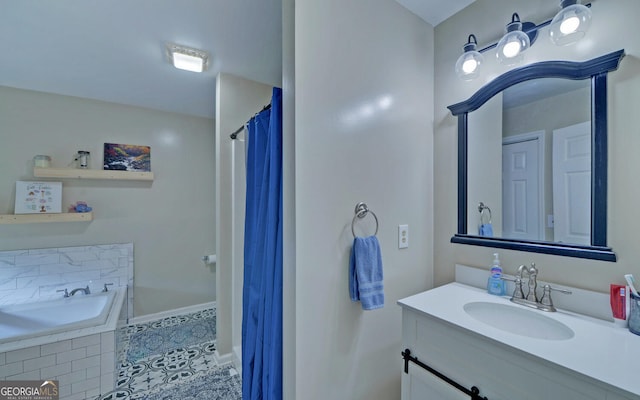 bathroom with vanity, shower with separate bathtub, and tile patterned floors