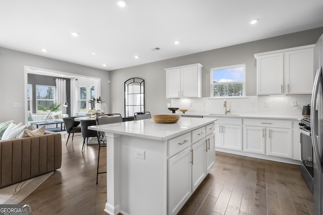 kitchen with plenty of natural light, dark hardwood / wood-style floors, and white cabinets