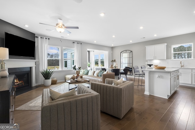 living room with ceiling fan, sink, and dark hardwood / wood-style flooring