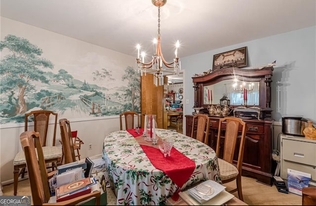 carpeted dining area with a notable chandelier