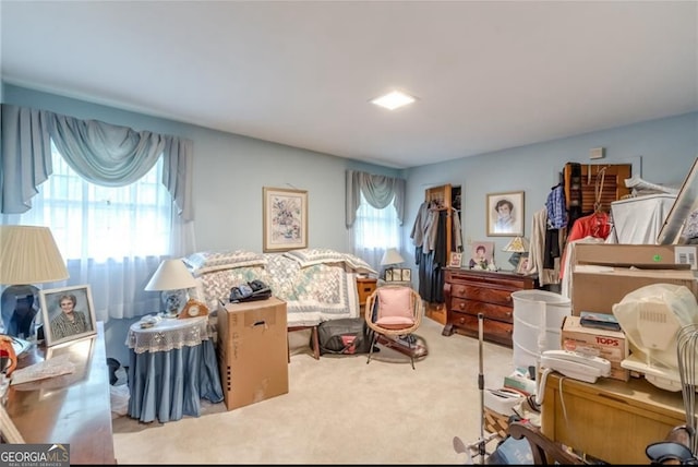 bedroom with multiple windows and light colored carpet