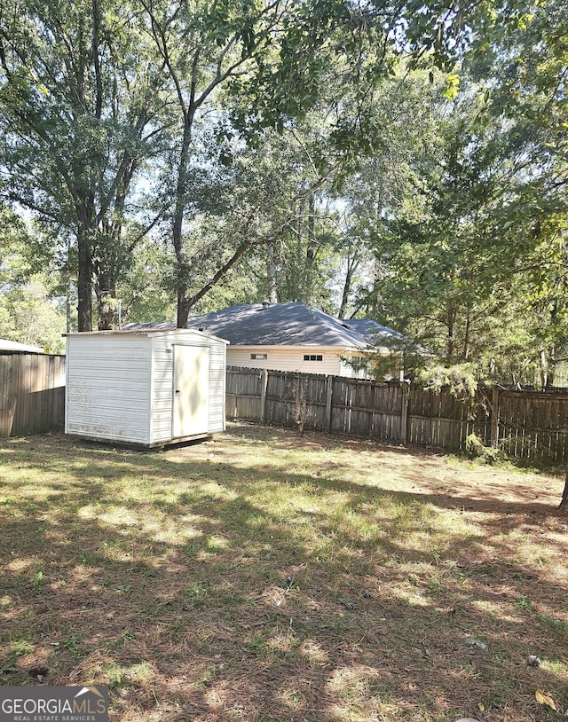 view of yard with a storage shed