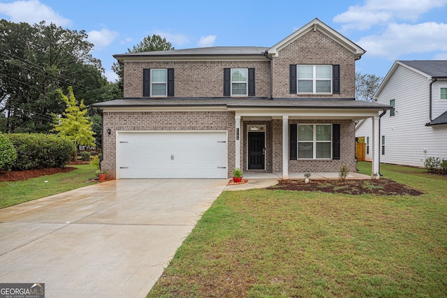 view of front of house with covered porch, a garage, and a front lawn