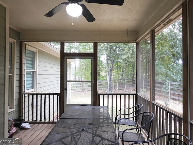 sunroom / solarium featuring ceiling fan and a wealth of natural light