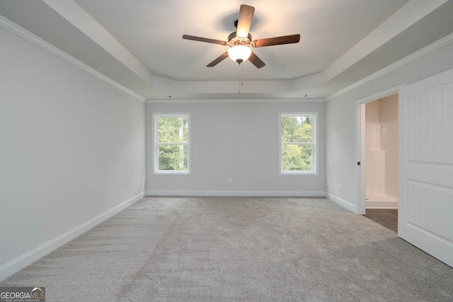 carpeted spare room with crown molding, a tray ceiling, and ceiling fan