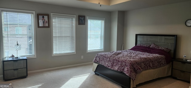 bedroom with multiple windows and light colored carpet