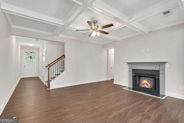 unfurnished living room with coffered ceiling, dark hardwood / wood-style flooring, and ceiling fan