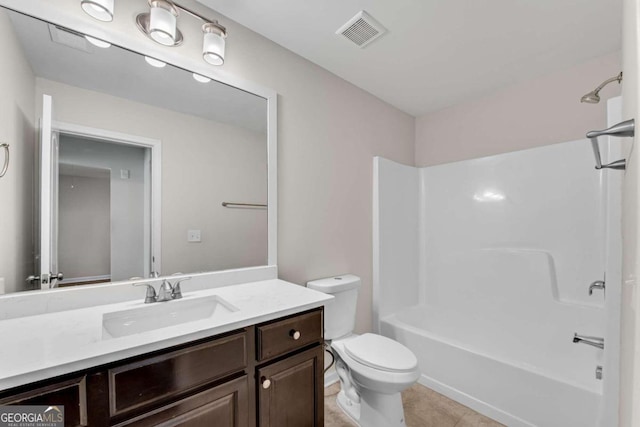 full bathroom featuring vanity, toilet, bathtub / shower combination, and tile patterned floors