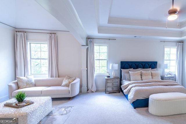 carpeted bedroom featuring ceiling fan, a raised ceiling, and multiple windows