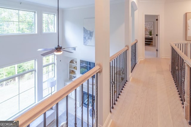 corridor featuring ornamental molding and light hardwood / wood-style floors