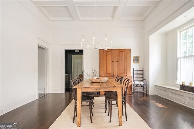 dining space with coffered ceiling, wood-type flooring, beamed ceiling, and a chandelier