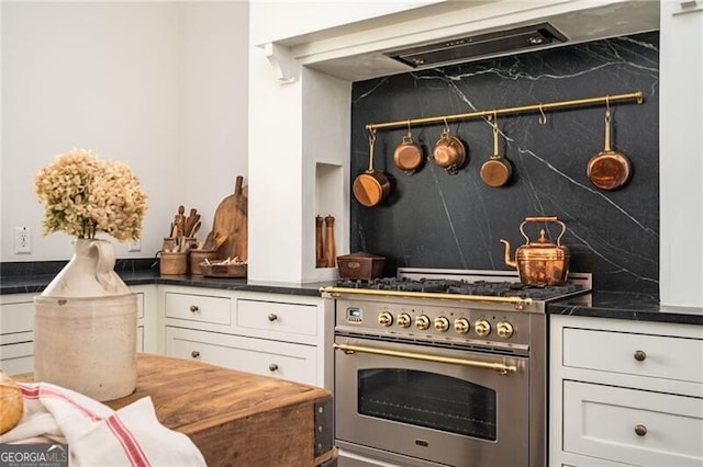 kitchen featuring high end stainless steel range, decorative backsplash, and white cabinets