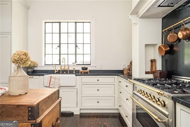 kitchen with sink, white cabinets, and high end stove