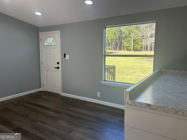 foyer featuring a textured ceiling and dark wood-type flooring