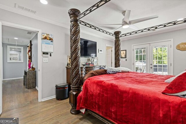 bedroom with french doors, crown molding, ceiling fan, access to exterior, and wood-type flooring