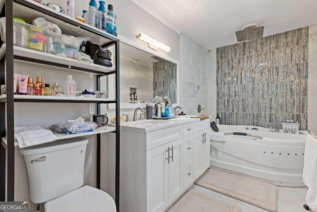 bathroom featuring vanity, a tub to relax in, toilet, and tile walls