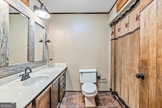 bathroom with vanity, toilet, a textured ceiling, and crown molding