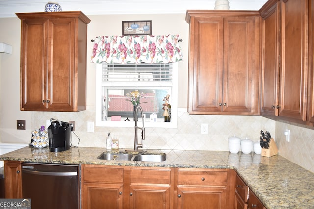 kitchen with light stone counters, sink, dishwasher, crown molding, and decorative backsplash