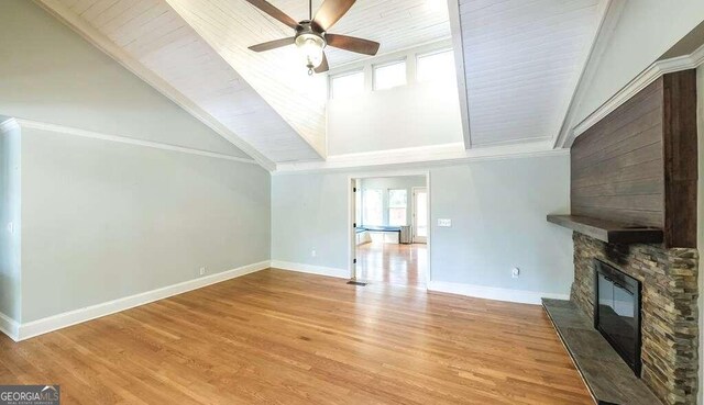 unfurnished living room with ceiling fan, wood ceiling, lofted ceiling, light hardwood / wood-style flooring, and a fireplace