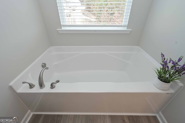 bathroom with wood-type flooring and a washtub