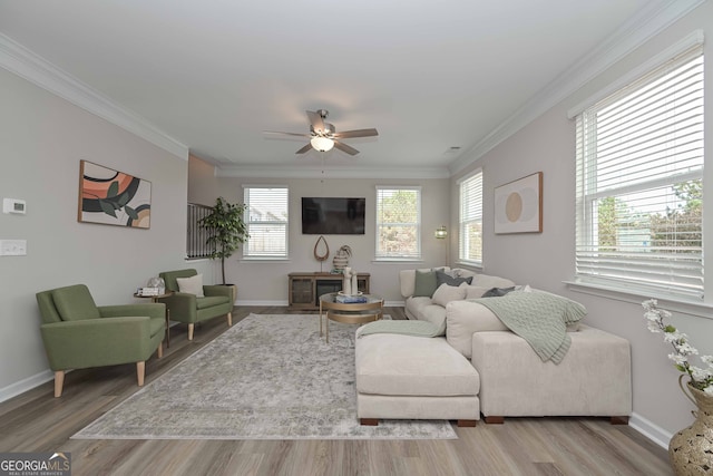 living room featuring ceiling fan, hardwood / wood-style floors, and crown molding