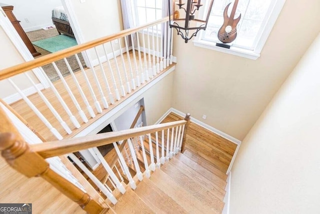 staircase with an inviting chandelier and hardwood / wood-style floors