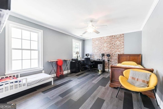 office space featuring ceiling fan, crown molding, and dark wood-type flooring