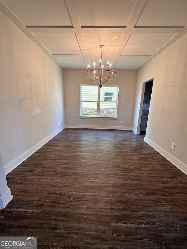 unfurnished dining area featuring dark hardwood / wood-style flooring, coffered ceiling, and a chandelier