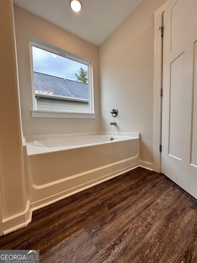 bathroom with wood-type flooring and a bathing tub